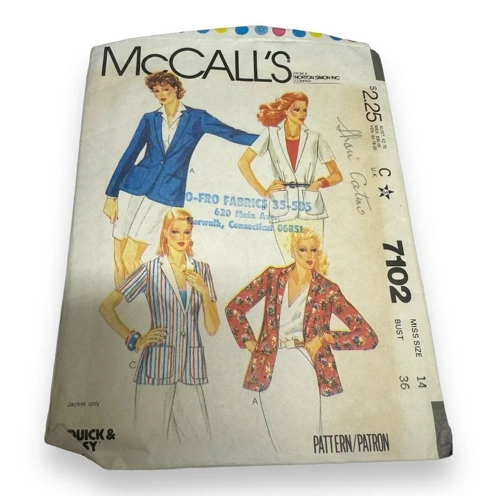 McCall's 7102 Vintage Pattern Misses Jacket 14 1980s Short Long Sleeve‎